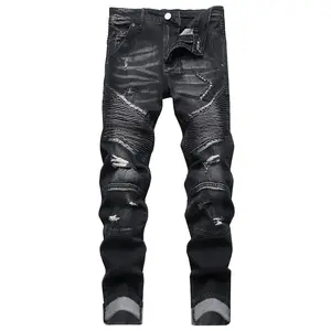XIMXIMMTIAN Menswear Distressed Bootcut Moto Jeans - Men's 5-Pocket Stretch Water Washed Retro Streetwear Biker Denim Hole Comfort Pants