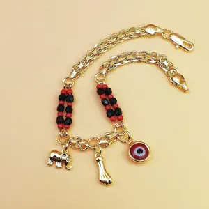 Bohemian Elephant & Evil Eye Charm Bracelet, Red & Black Beaded Design with Gold-Plated Accent, Perfect for Festivals, Parties & All-Season Gifting