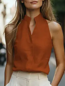 Women's Linen Halter Neck Shirt Blouse, Stand Collar Sleeveless Casual Top, Office/work/dating/photoshoot, Chic/low Key/simple Style, Womenswear