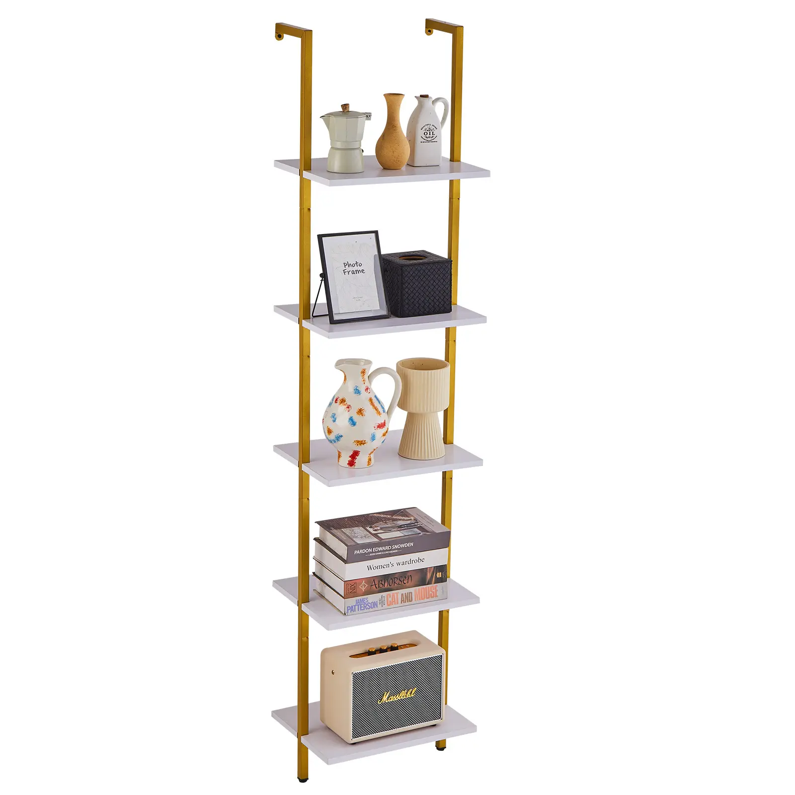 【summerfinds】VEVOR Carbon Steel Frame Decorative Floating Shelves, 5-Tier 15.6x11.8in Wooden Wall-Mount Wall Organizer, Gold-White Multifunctional Accent Shelf for Living Room Study, Easy Installation Home Storage, Wall Organizer Shelf