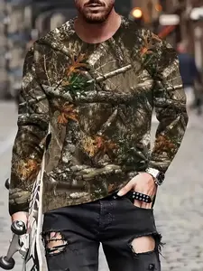 Men's Camo Graphic Print Long Sleeve T-Shirt, Casual Fashion Classic Polyester Round Neck, Outdoor Inspired Design, Forest and Leaf Pattern, Fitted Style