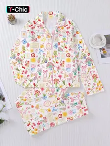 Women's Cartoon Floral Bow Print Sleepwear Set, Pajama Set, Long Sleeve Button-Down Top & Elastic Pants, Casual Fall Winter Home Clothes