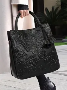 Women's Elegant Floral Embossed Cowhide Handbag with Flower Charm, Large Capacity Tote Bag with Shoulder Strap, Casual Trendy Versatile High-quality Daily Commuting Bag, Elegant Commuter Bag, Leather Handbag