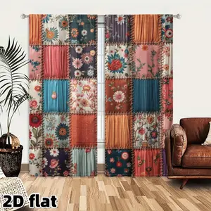 2D Flat 2Pcs Patchwork Floral Curtains Vintage Bohemian Style Sunflower Daisy Print Rod Pocket Design Semi Sheer Polyester Fabric Home Decoration Curtain for Living Room Bedroom Kitchen Window Treatment Home Decor Privacy Protection