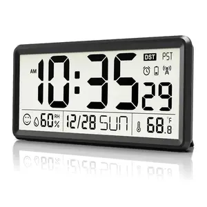 <Gifts for Dad> 15'' Large Digital Wall Clock Battery Operated, Atomic Clock with Indoor Temperature and Humidity, Self-Setting with Auto DST, for Kitchen, Classroom, Living Room (Batteries Not Included)