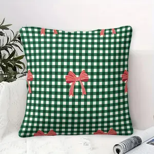 Green Gingham Throw Pillow, Red Bow Print Cushion, Coquette Holiday Christmas Accent Pillow, Includes Pillow Core, Soft Decorative Pillow for Couch Bed Sofa, Festive Room Decor Gift for Teens Girls