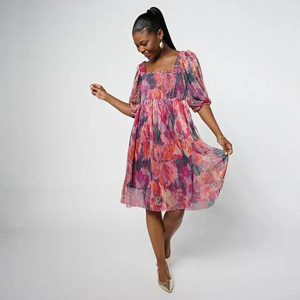 Nina Leonard Smocked Bodice Bubble-Sleeve Dress