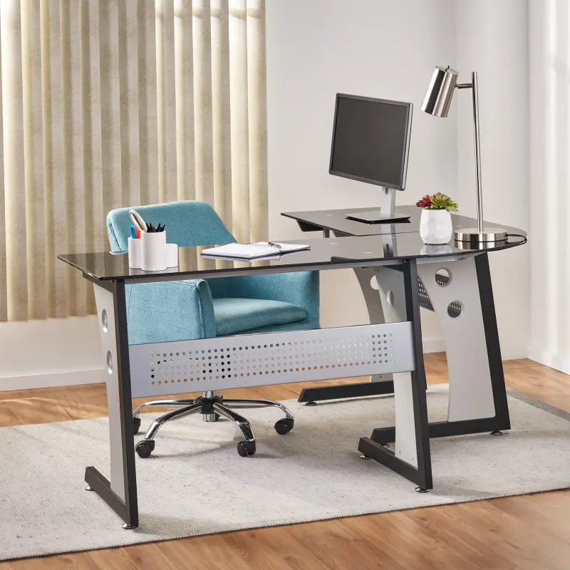 [Bellemave]L SHAPE GLASS OFFICE DESK