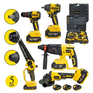 Hot Selling Talado 21V Brushless 5-Tool DIY Battery Power Tool Combo Kit – Brushless Drill, Impact Wrench, Angle Grinder, 8 Inch Chainsaw & Hammer for Versatile Home & Professional Use