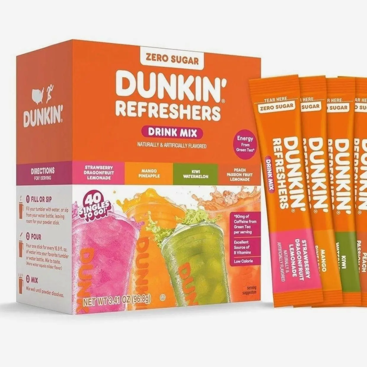 Dunkin’ Refreshers Singles To Go! Powdered drink mix packets, 40 Ct Variety Pack, 40 Single serve Packets per Box (40 servings), Energy from Green Tea, aspartame-free, no synthetic colors, naturally and artificially flavored, just add water