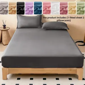 New Solid Color Bed Sheet Set (1 Fitted Sheet + 2 Pillowcases), Soft Breathable Sheet, Soft Brushed Surface, Skin-Friendly, Comfortable Sleep, All Seasons, Soft Bedding Sheet