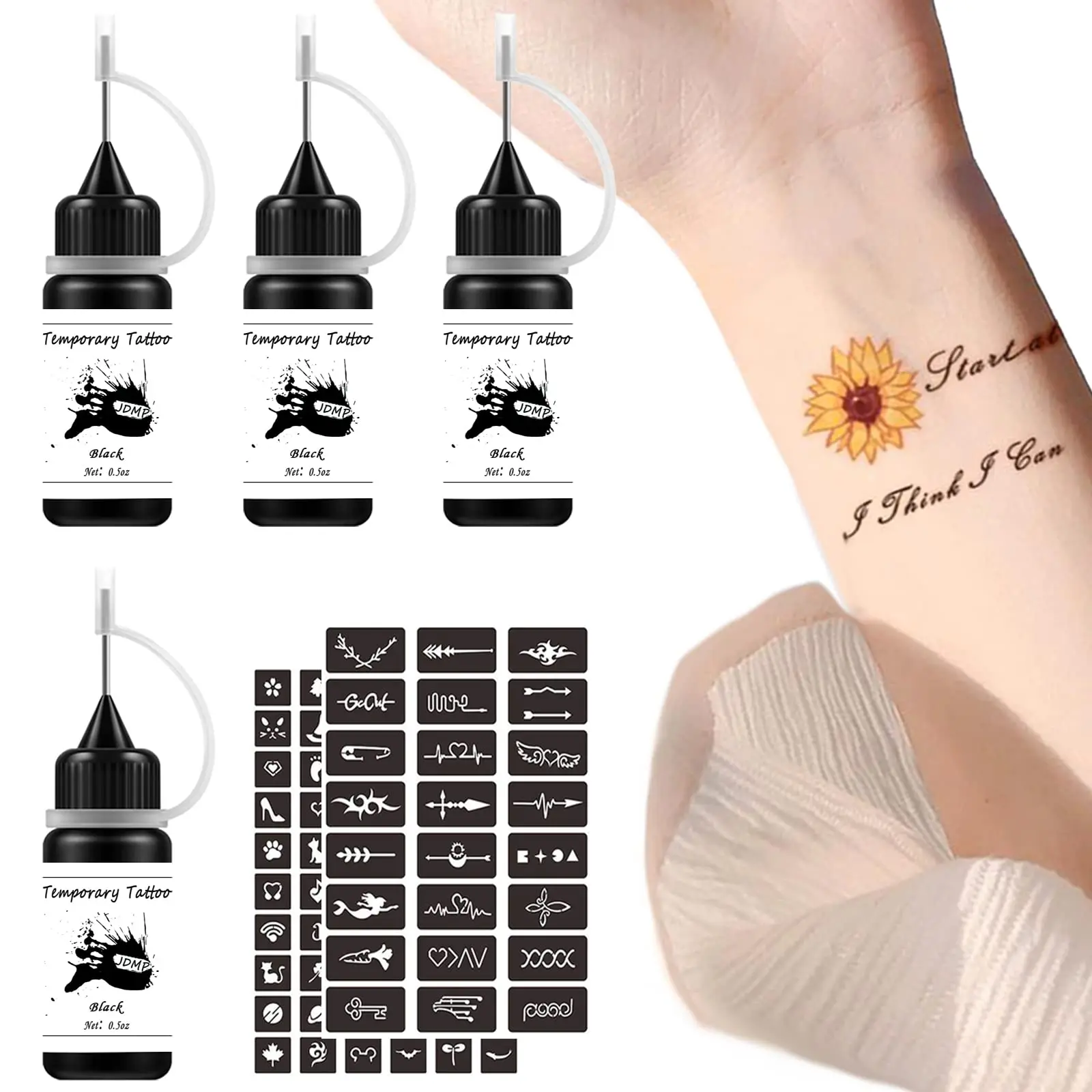 Temporary Tattoo Kits, Semi Permanent Tattoo Jagua Freehand Ink with 84 Adhesive Stencils, 4 Bottles Black Tattoo Ink Kit Inkbox DIY for Women Men Body Art Painting Makeup Pigment Cosmetic