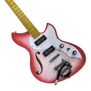 Semi-hollow Pink Gradient guitar with F-hole & P90 pickup ,Bigsby Tremolo System