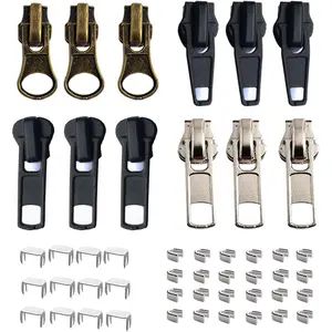 Zipper Repair Kit #5 Zippers Pull 12 count, Sliders, Zipper Bottom and Top Stop Replacement, Fix Zip On for Repairing Coats,Jackets, Metal Plastic and Nylon Coil Zippers.
