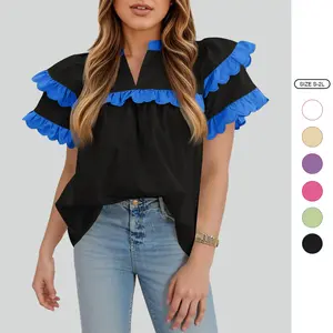 Imily Bela Womens Ruffle Sleeve Babydoll Tops Color Block Summer V Neck Pleated Blouse Dressy Casual Loose Fit Shirts