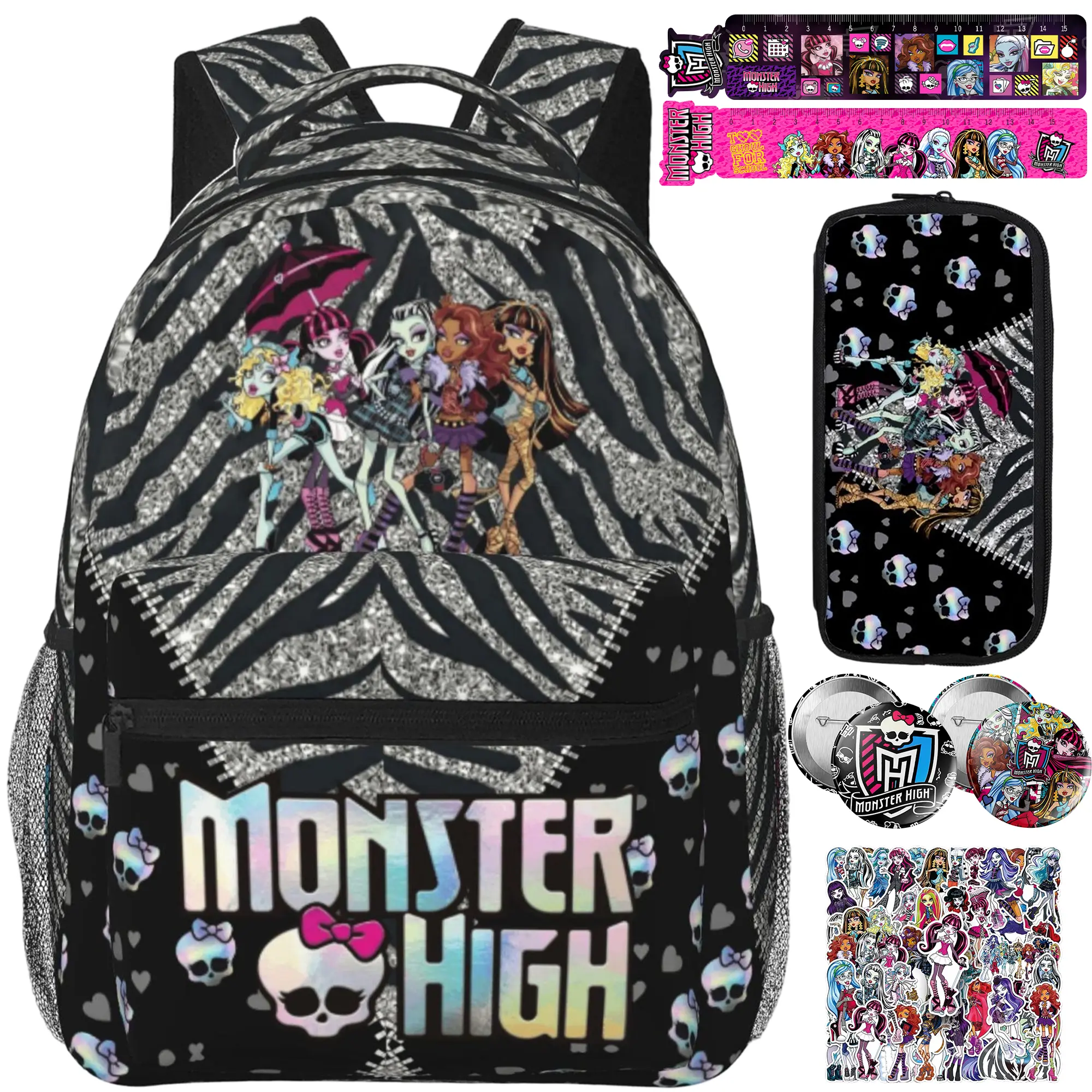 Monster High Graphic Backpack Set with Backpack, Pencil Case, 2 Rulers, 2 Badges & 10 Stickers,Monster High Doll Laptop Bookbag for Teens Girls, Monster High Merch Travel Bag, Ideal Present for Birthday Xmas Holiday Gift