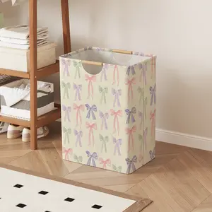 Multi-Color Bow Print Open Storage Box, Foldable Laundry Basket with Handle, Home Bathroom Folding Clothes Storage Bucket