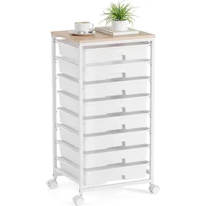 Storage cart with 8 drawers, utility cart with white drawers and wooden tabletop, craft cart, teacher organization for classroom, white