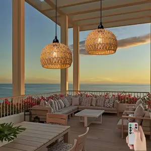 Battery-Operated Boho Charm Rattan LED Hanging Chandelier, Waterproof Home Lighting for Pergola & Porch, Decorative Lighting & Backyard Decor (Indoor/Outdoor Use)