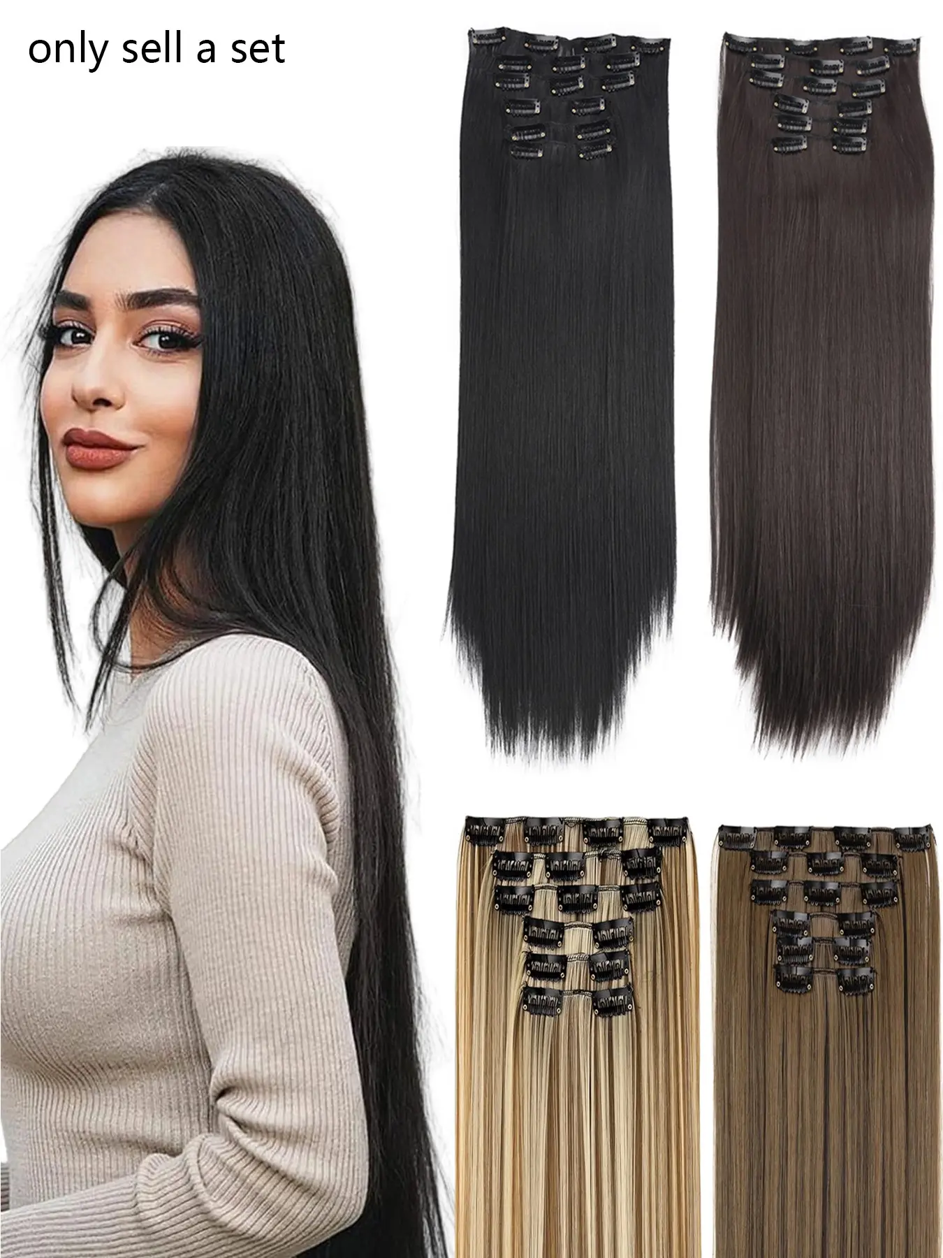 Clip in hair extensions 6PCS Straight 24 Inch Hair Extensions for Women， Heat Resistant Synthetic Fiber Hairpieces-Black Soft Full Head Weddings Party Daily Use Hair Weave Extensions Clip on Hairpieces