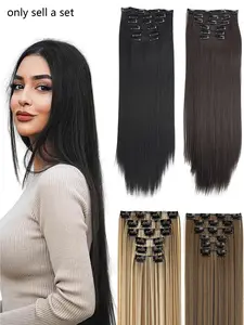 Clip in hair extensions 6PCS Straight 24 Inch Hair Extensions for Women， Heat Resistant Synthetic Hairpiece-Black Soft Full Head Weddings Party Daily Use Hair Weave Extensions Clip on Hairpieces
