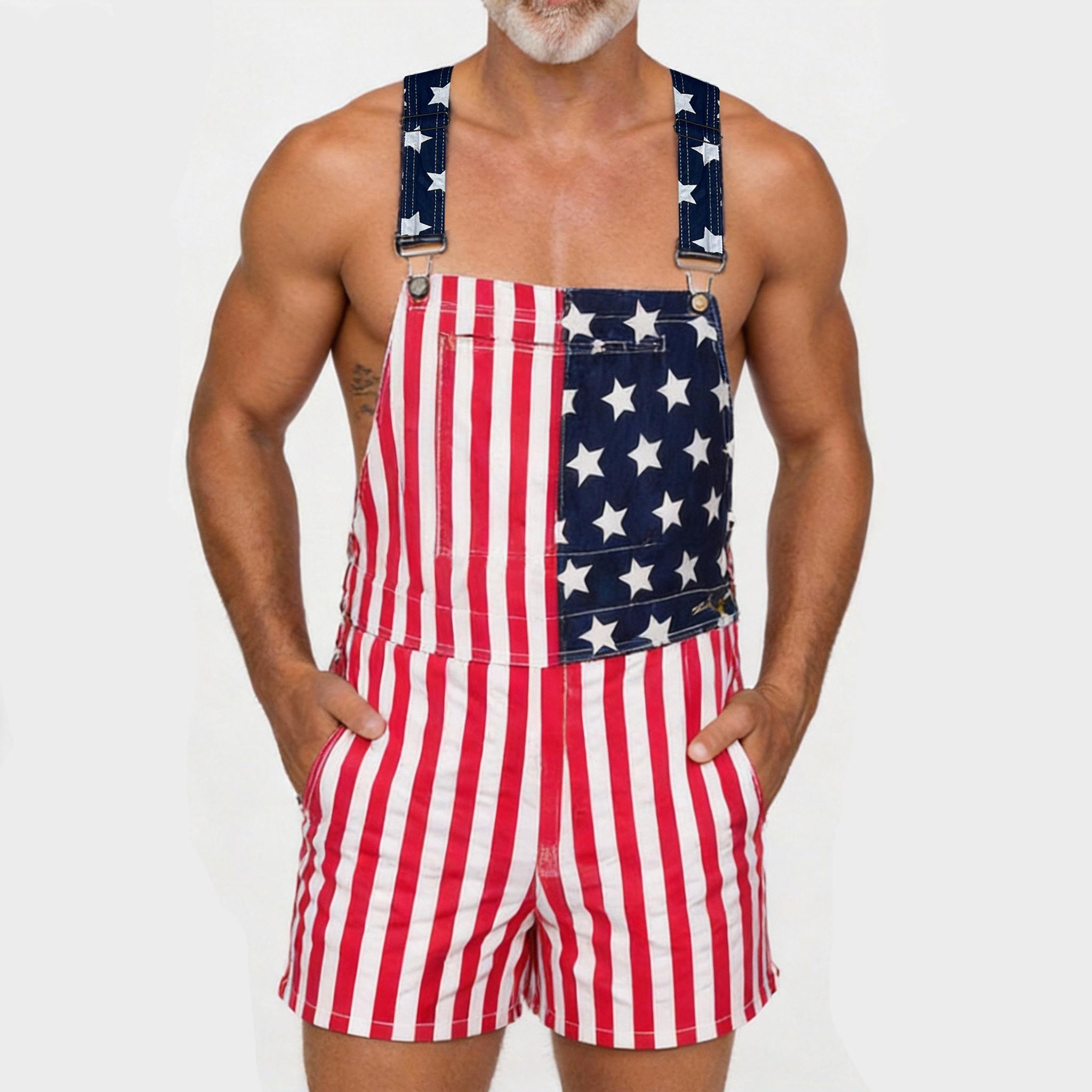 Unisex Stretchy Denim Overall Shorts, Classic Stars andStripes American Flag Pattern, Front Pocket Designed toHold Sunglasses, 250th Anniversary of America Romper,Stretchy 4th of July Jumpsuit, Father's Day Gift, BeachVacation Outfit