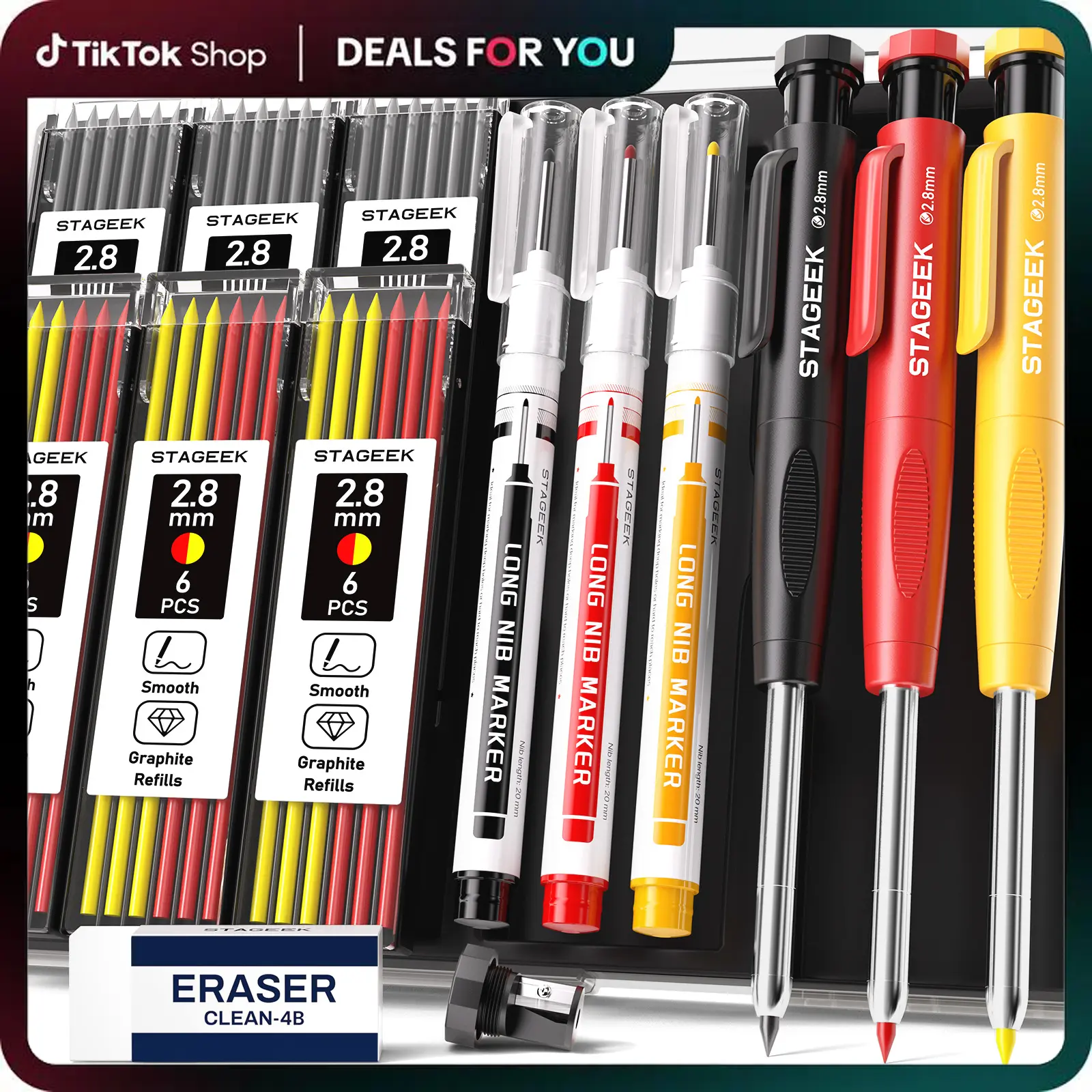 STAGEEK 3 Pack Carpenter Pencil with Sharpener, Mechanical Carpenter Pencils with 39 Refills, Heavy Duty Construction Pencil with Sharpener, Deep Hole Long Nib Marker Pens for Architect Marking - With Case