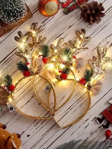 3 Piece Christmas Reindeer LED Headband, Holiday Party Accessory, Lightweight, and Antlers, Leaves, Lights, Perfect for Christmas, Wedding, Birthday, Party Event Props