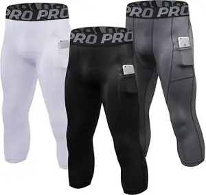 3 Pack Mens Compression Pants 3/4 Length Quick Drying Gym Workout Leggings Running Sports Training Base Layer Bottoms Stretch Fabric Activewear High Waisted Athletic