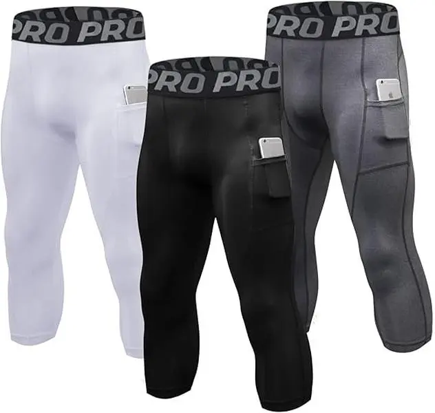 LANBAOSI Men's 3-Pack High-Waist 3/4 Length Compression Pants, Polyester Blend Fitted Design Activewear, Quick Drying Comfortable Stretch Sports Leggings for Gym, Running Training Base Layer