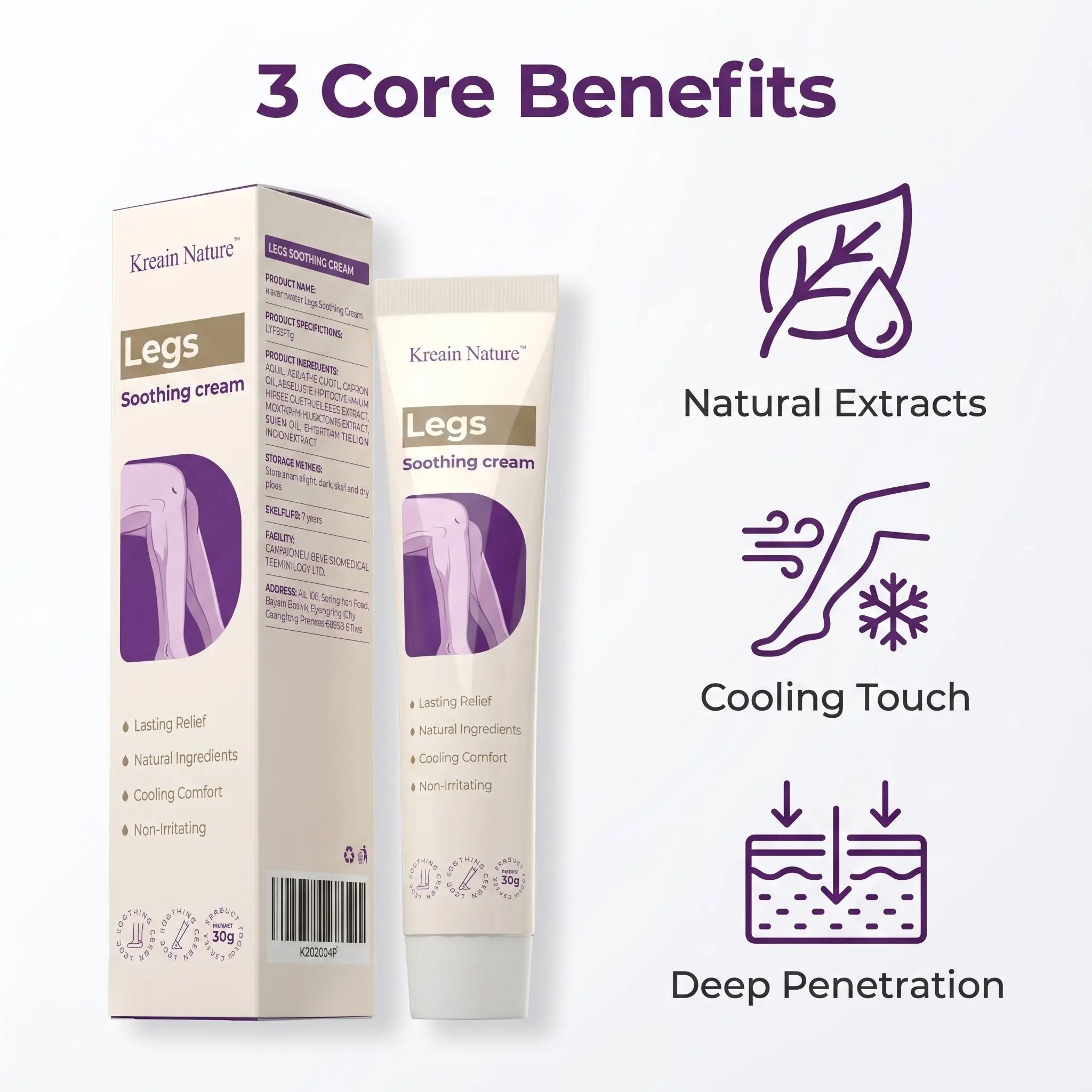 Kreain Nature Legs Soothing Gel for Tired Heavy Legs, Cooling Comfort Cream with Botanical Ingredients, Fast Absorbing Non-Greasy Daily Leg Care, 30g Skin Repair Moisturizers