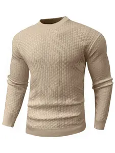 Men's Fall Outfit: Crew Neck Waffle-Knit Fitted Sweater Knitwear - Long-Sleeve, Versatile, Suitable for Home Wear & Layering