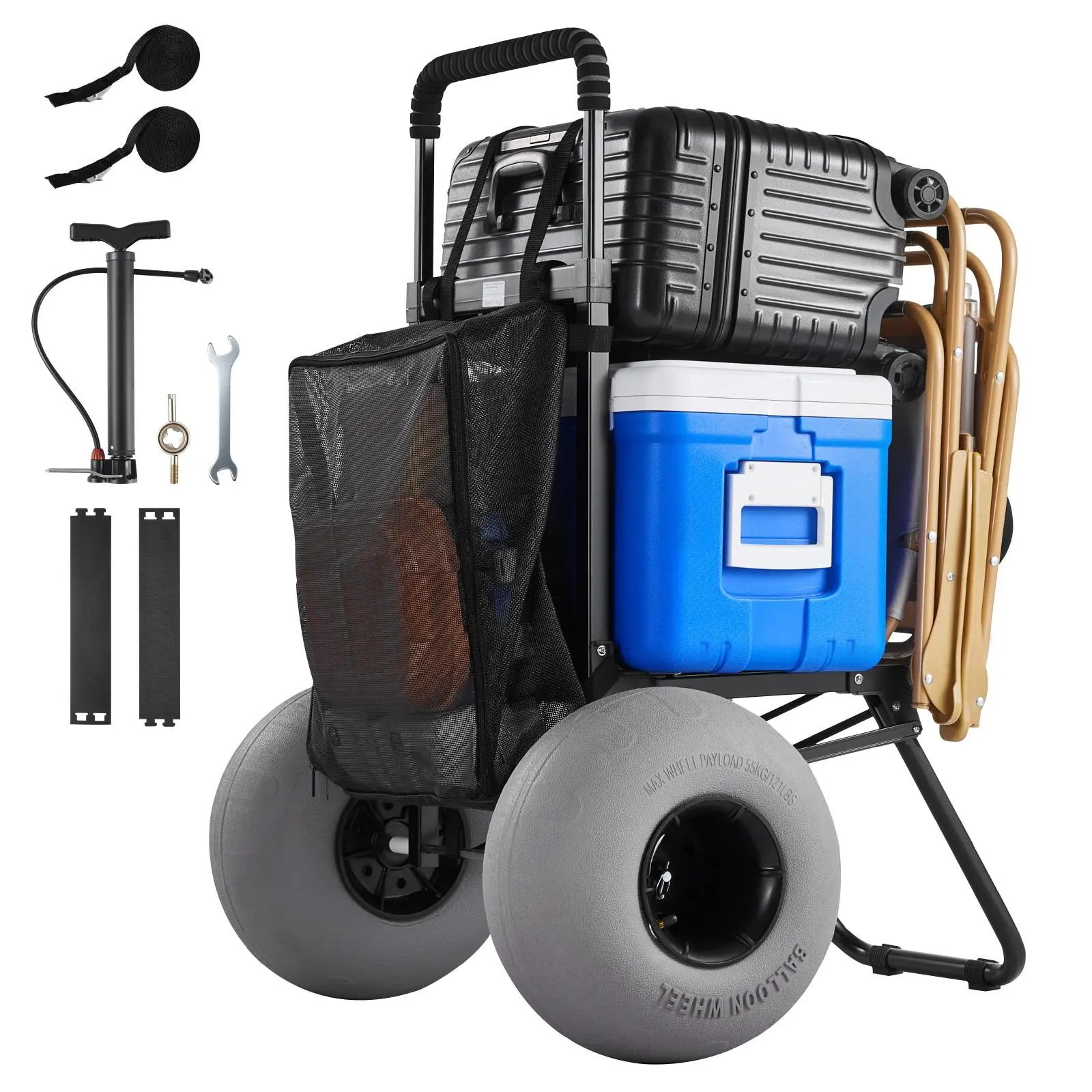 VEVOR Beach Dolly with Big Wheels for Sand, 18" x 15" Cargo Deck, Folding Sand Cart with 12" Balloon Wheels, 165 lbs Loading Capacity & 34" to 45" Adjustable Height, Heavy Duty Cart for Beach Camping#BackToSchool