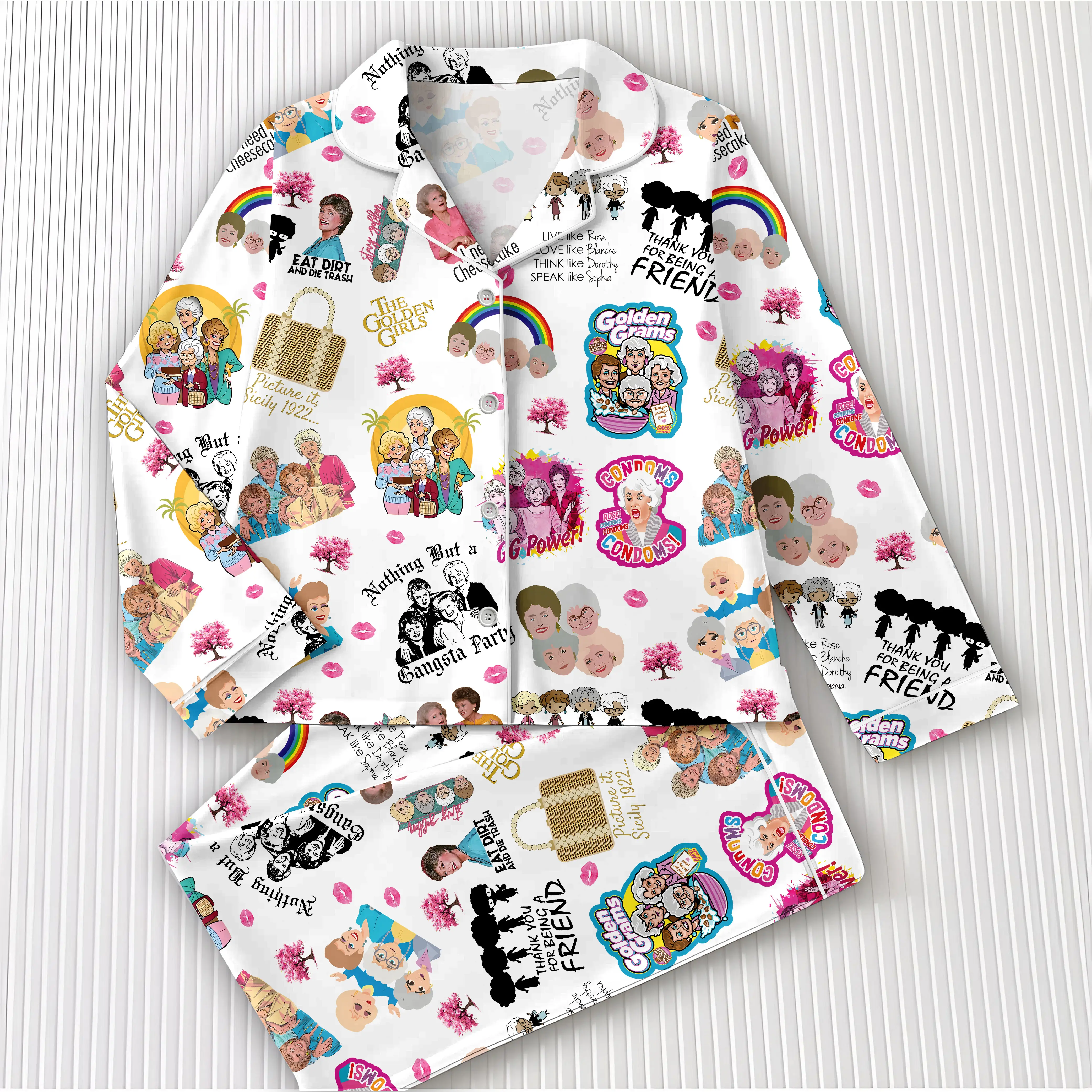 Women's Retro Friendship TV-Inspired Print Satin Pajama Set, Short & Long 2-Piece Sleepwear