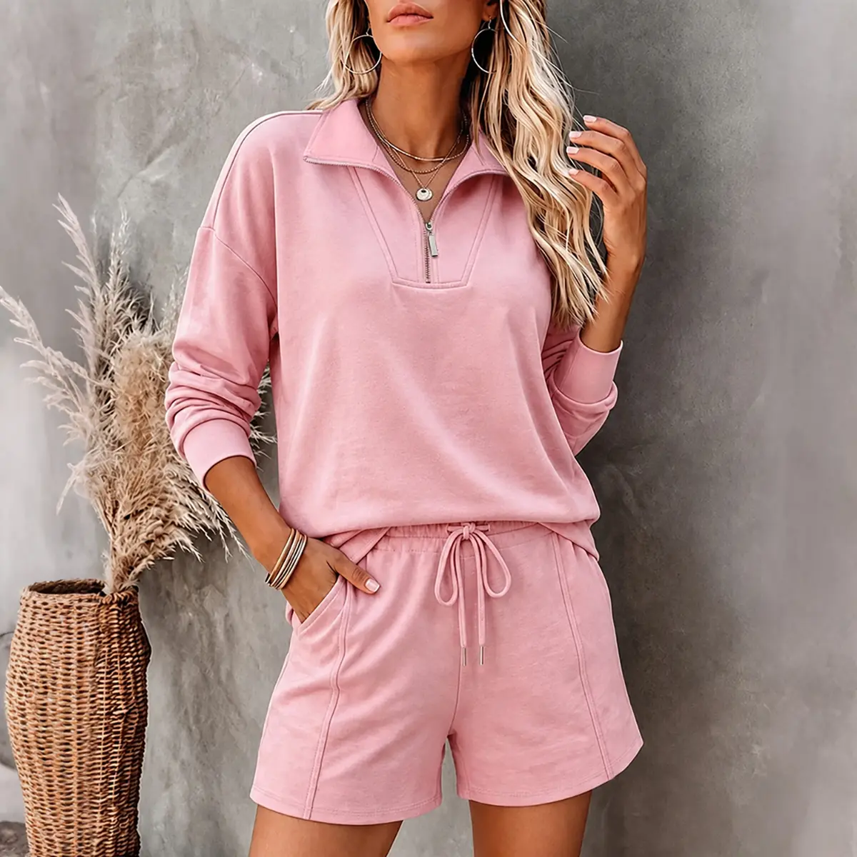 CHICME Women's Half Zipper Sweatshirt and Drawstring Shorts Set Casual Stand Collar Pullover Elastic Waist Matching Outfit
