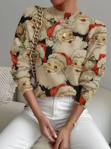 Women's Christmas Cartoon Print Stand Collar Sweater, Fall Winter Casual Long Sleeve Knitwear, Comfortable Warm Daily Wear