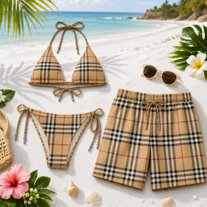 2026 Signature TB Matching Couple Swimwear Set - Women’s Viral Bikini, Men’s Beach Shorts, Ideal for Vacation Gifting