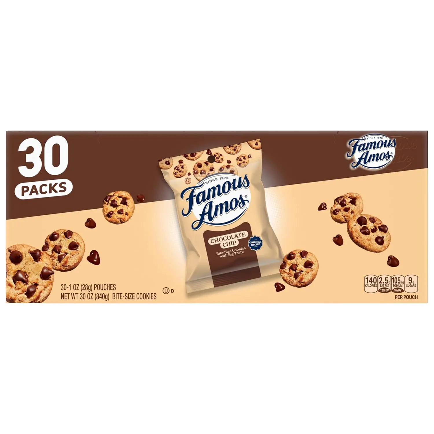Famous Amos Original Recipe Baked Chocolate Chip Bite-Size Cookies Snack, 30-Pack Box, 30 oz