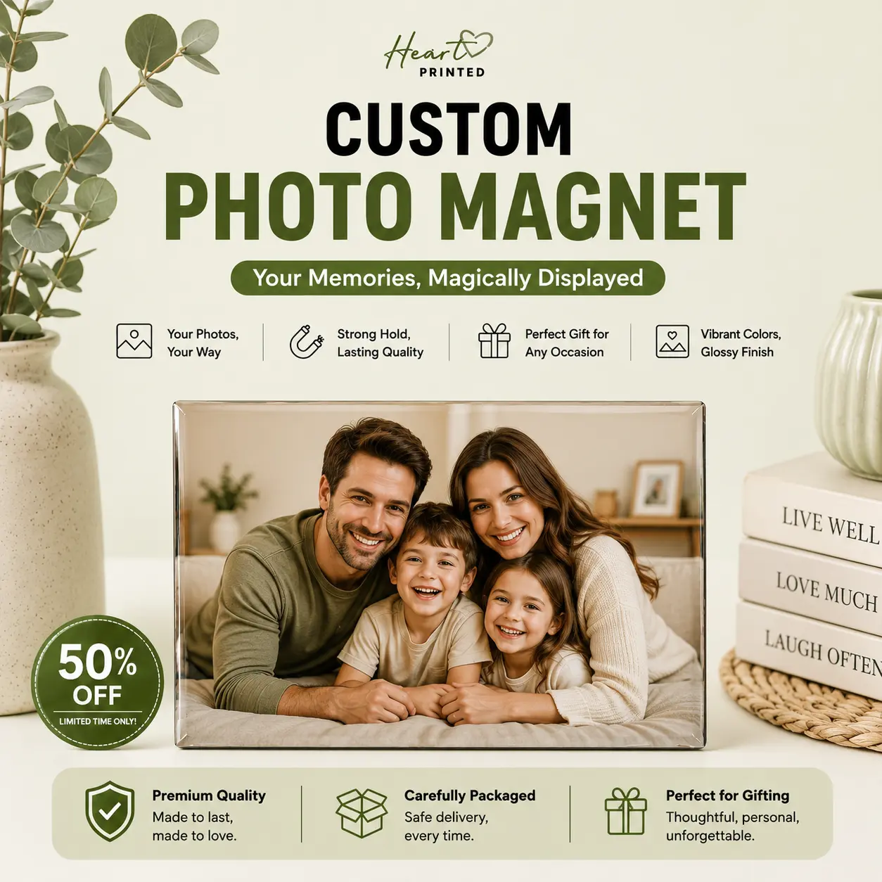 Heart Printed | 2" x 3" Rectangle Custom Photo Magnets | Personalized Picture Fridge Magnet | Wedding, Family, Couples & Christmas Gift