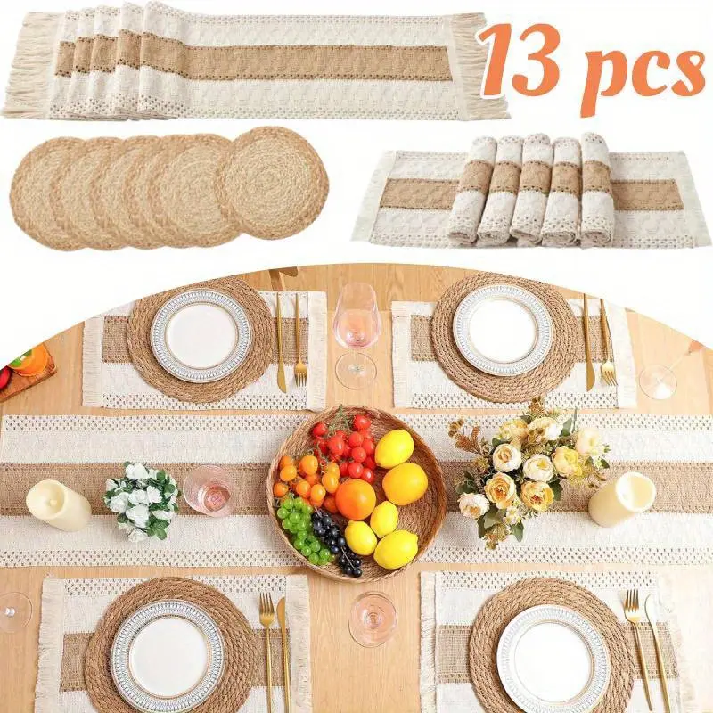 13pcs Handmade Boho Table Runner and Placemats, Natural Cotton Burlap and Rattan Wicker Braided Placemats, Macrame Table Decor Farmhouse Style for Dining Table Centerpiece