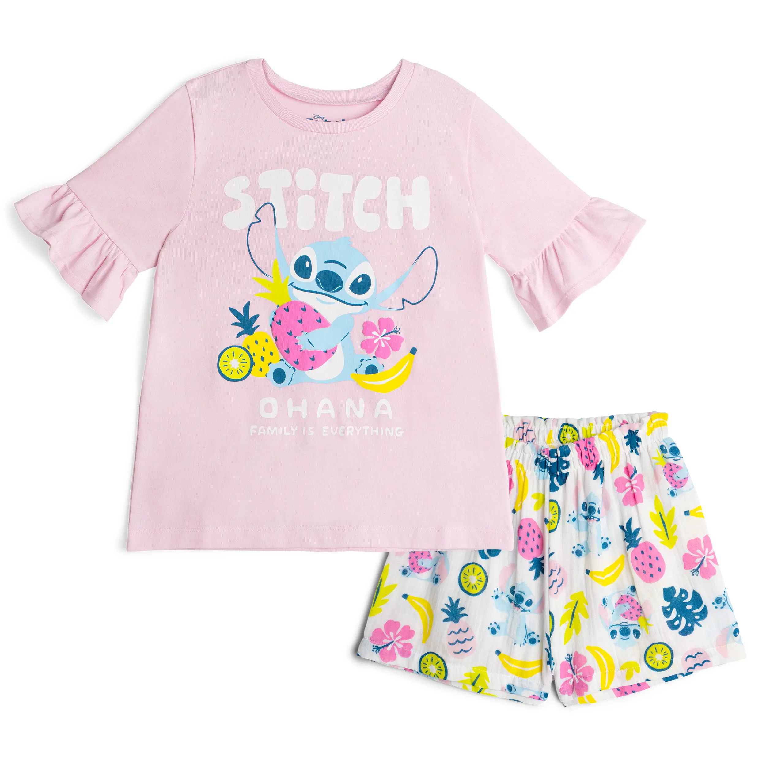 Disney Lilo & Stitch Girls' 2-Piece Casual Outfit, Tropical Puff Print Ruffle T-Shirt and Cotton Gauze Paperbag Shorts, 4 - 5 Years, Yes, 4T