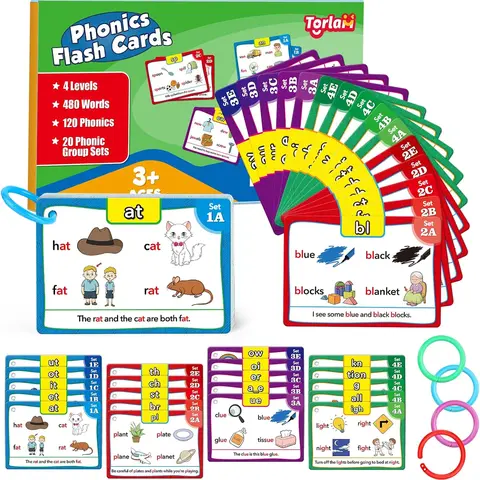 Torlam Colorful Alphabet Flashcards for Ages 4+, 62 Vocabulary Flash Cards with Interactive Color-Coding, 4 Levels of CVC, Digraphs, Blends, Long Vowel Sounds for Phonics Learning, Classroom Must-Haves, Reduces Rote Memorization