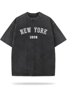 Vintage 1898 New York Print Washed Wax Print Retro Couple T-Shirt - Unisex Soft Breathable, Casual Round Neck Short Sleeve, Machine Washable, All-Season Comfort, Classic Fit for Men & Women, Casual Attire & Lay