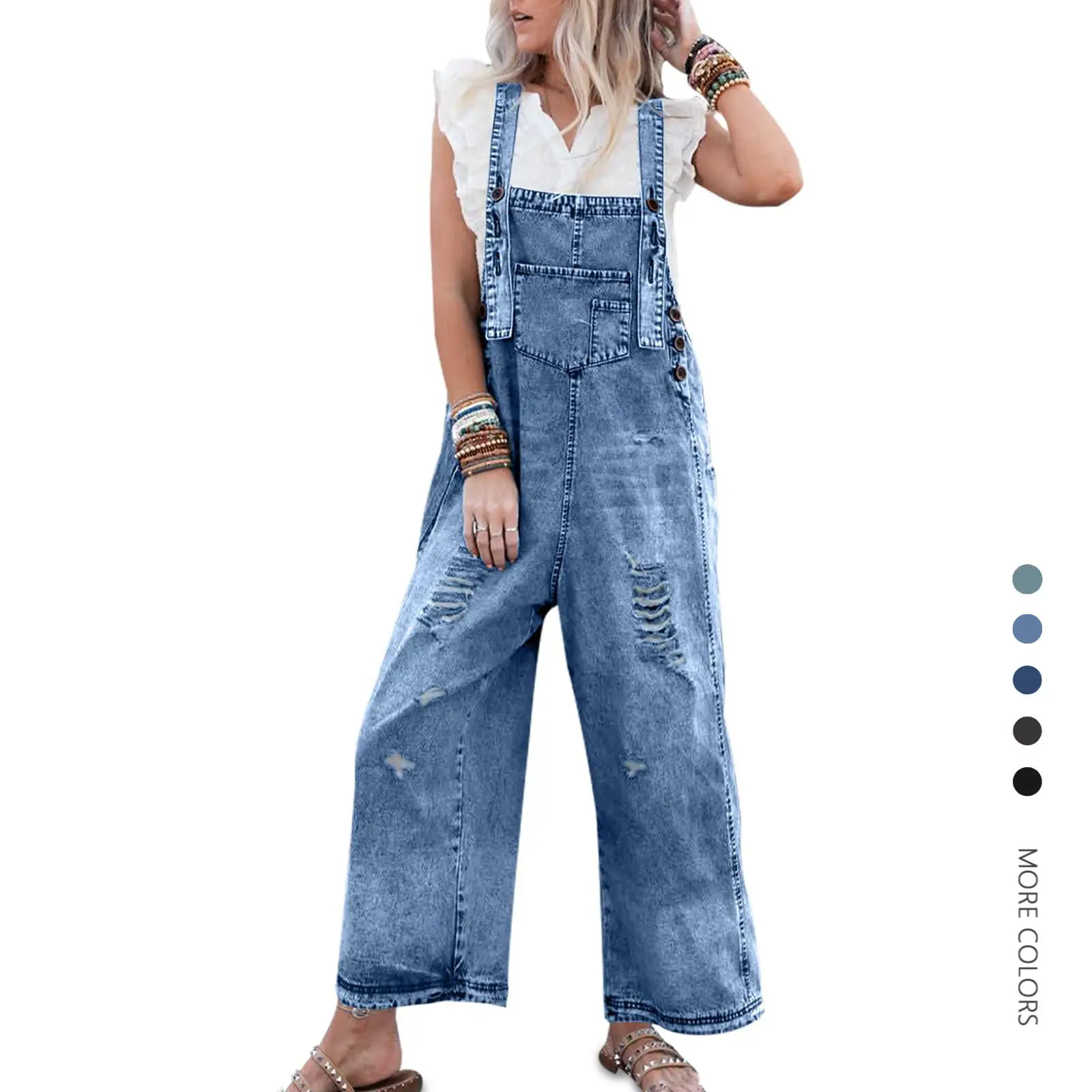 Danedvi Women's Cotton Denim Baggy Overalls - Sleeveless, Basic, Strappy Vintage Casual Jumpsuits with Adjustable Buckle Straps, Distressed Bib, Buttons, Loose Comfortable Fit for Spring, Women's Bottoms Jeans, Overalls For Women