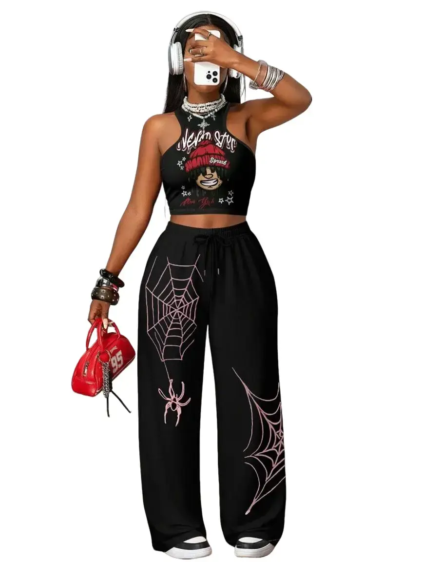 Women's Letter-Spider Web Print Drawstring Waist Jogger Pants - Gothic Female Multi-Size Pants, Emo 2000s Retro Outfit, All Seasons Rave Wear, Fashionable Choice
