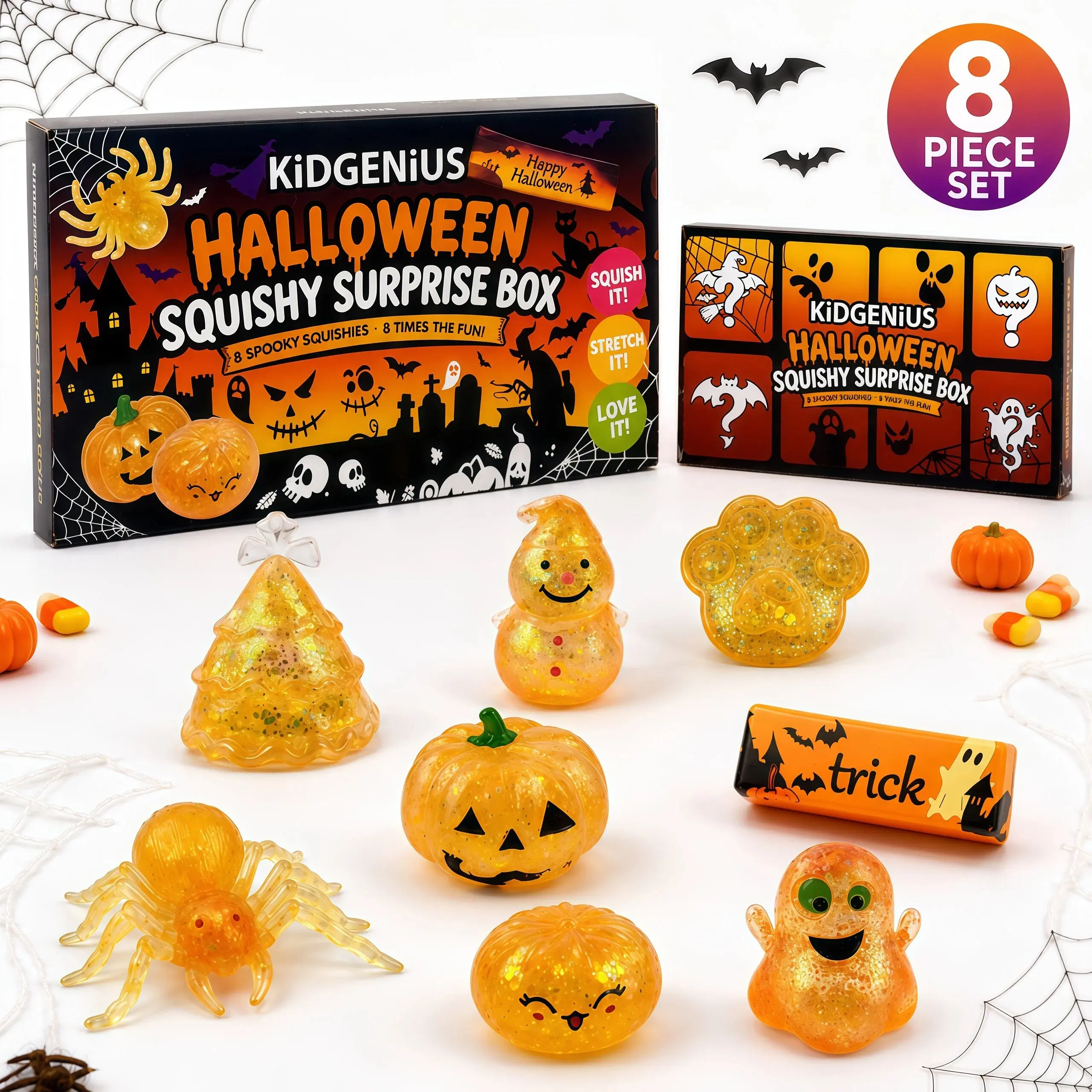 KIDGENIUS 8-Pack Glitter Halloween Squishy Surprise Box, Unisex Spooky Party Favors, Stress Relief Classic Novelty Kids Toys