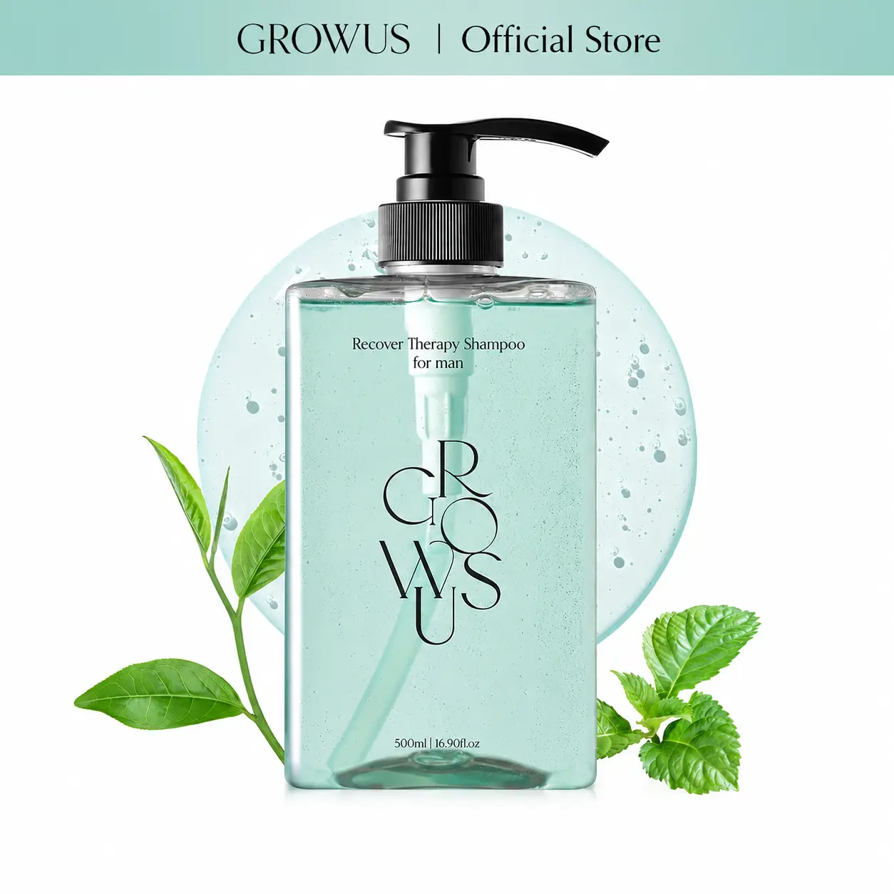 GROWUS Recover Therapy Men's Haircare Shampoo - Tea Tree & Peppermint, Anti-Dandruff, Sebum Control, Dry Scalp Care, Cleansing Liquid for Thicker Hair, Paraben & Sulfate Free, 16.9 Fl Oz, Hair Products, Clarifying Shampoo