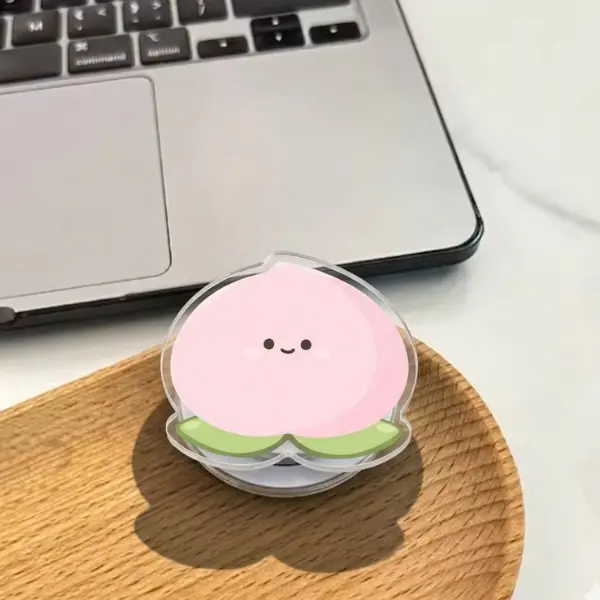 Adorable Pink Peach Fruit Phone Grip Holder - Kawaii Smiling Character Aesthetic Acrylic Griptok for Girls and Kids Gift