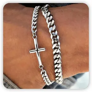 Bracelet for Men, //Black Mens  Bracelets Stack Stainless Steel Cuban Link Chain Bracelet Set Non Tarnish Adjustable Chunky Mens  Gifts for Men Dad Him Father's Day
