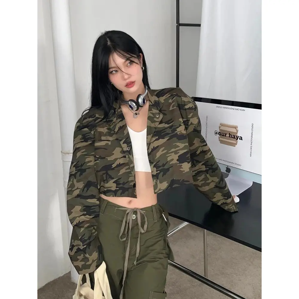 Zoki Sexy Cropped Camouflage Cargo Jackets Women Vintage Streetwear Slim Y2K Coats Vintage American Long Sleeve Female Fall Tops